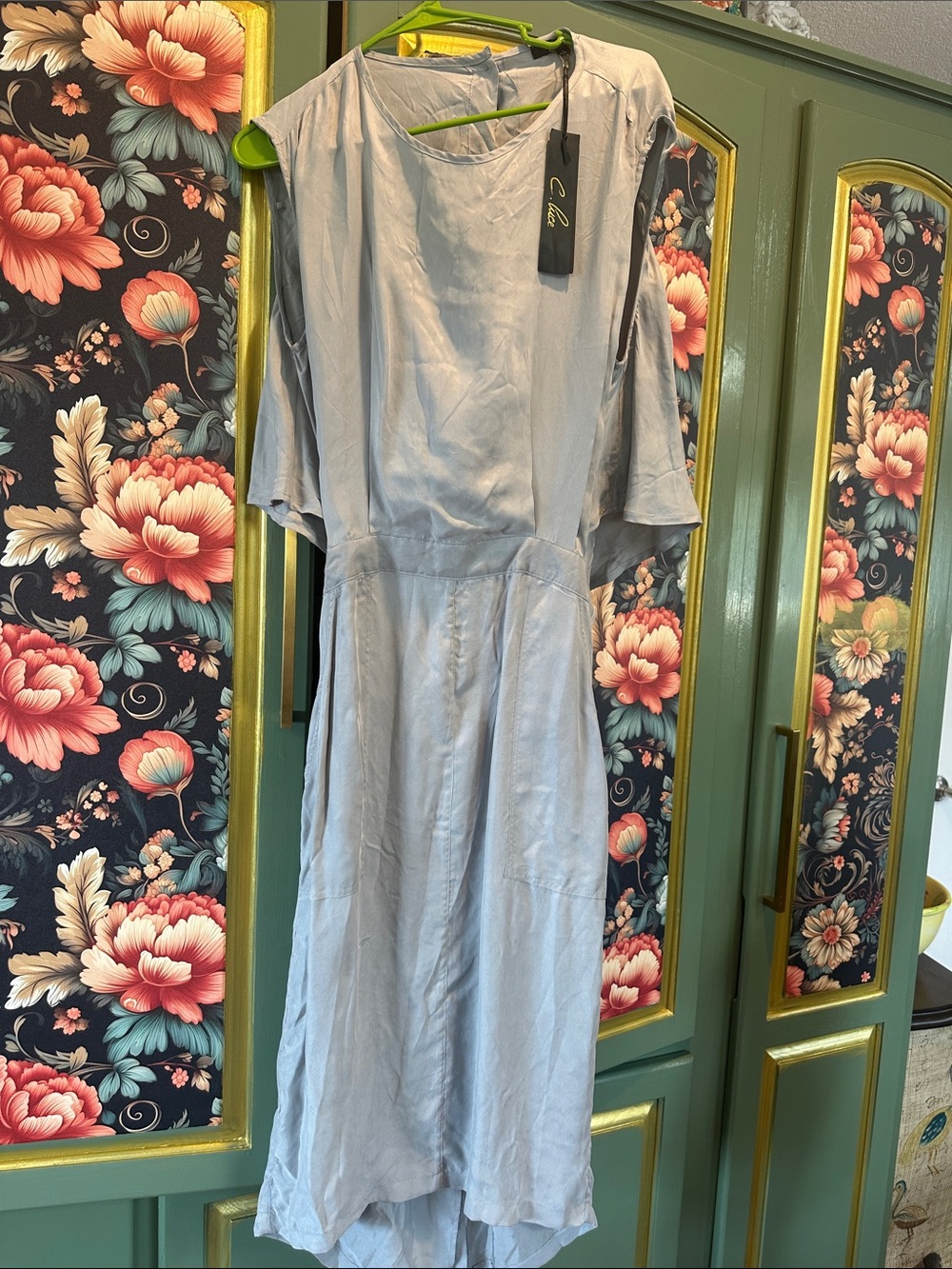 C. Luce Light Gray silky feel High-Low Midi Dress sleeveless, cape-back.